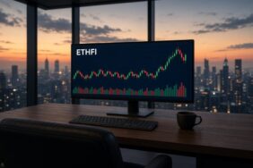 ether.fi (ETHFI) Nedir? Kripto Neobanka, Geri Alım ve Kilit 22 Gün batımında cam çatı katı ofisindeki geniş monitörde ETHFI mum grafiği ve hacim çubukları, ether.fi için temsili görsel