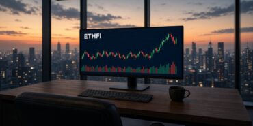 ether.fi (ETHFI) Nedir? Kripto Neobanka, Geri Alım ve Kilit 5 Gün batımında cam çatı katı ofisindeki geniş monitörde ETHFI mum grafiği ve hacim çubukları, ether.fi için temsili görsel