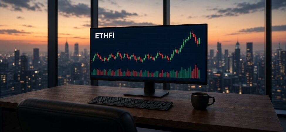 Gün batımında cam çatı katı ofisindeki geniş monitörde ETHFI mum grafiği ve hacim çubukları, ether.fi için temsili görsel