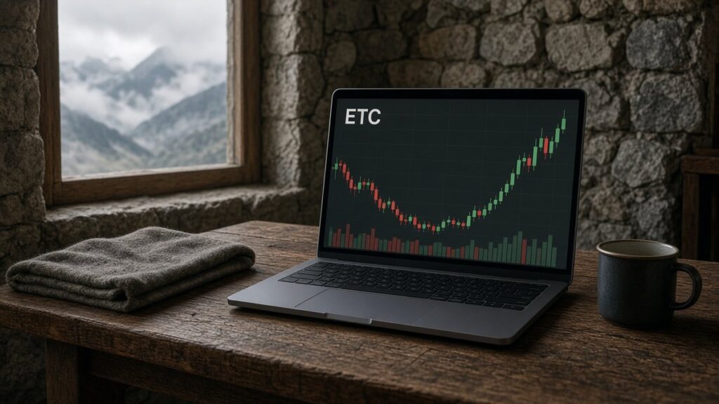 Taş duvarlı bir dağ evinde ahşap masadaki dizüstü bilgisayarda ETC mum grafiği ve hacim çubukları, Ethereum Classic için temsili görsel