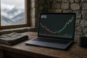Taş duvarlı bir dağ evinde ahşap masadaki dizüstü bilgisayarda ETC mum grafiği ve hacim çubukları, Ethereum Classic için temsili görsel