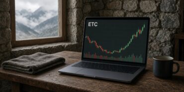 Taş duvarlı bir dağ evinde ahşap masadaki dizüstü bilgisayarda ETC mum grafiği ve hacim çubukları, Ethereum Classic için temsili görsel
