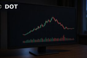 Akşam saatinde loş bir işlem odasında DOT mum grafiği ve hacim çubuklarını gösteren monitör, köşede Polkadot logosu, Fearless Wallet uyarısı için temsili görsel