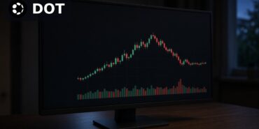 Fearless Wallet Alarmı: Eklenti Özel Anahtarları Sızdırmış 1 Akşam saatinde loş bir işlem odasında DOT mum grafiği ve hacim çubuklarını gösteren monitör, köşede Polkadot logosu, Fearless Wallet uyarısı için temsili görsel