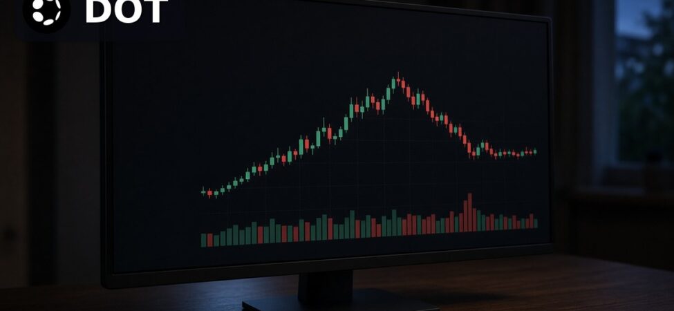 Akşam saatinde loş bir işlem odasında DOT mum grafiği ve hacim çubuklarını gösteren monitör, köşede Polkadot logosu, Fearless Wallet uyarısı için temsili görsel