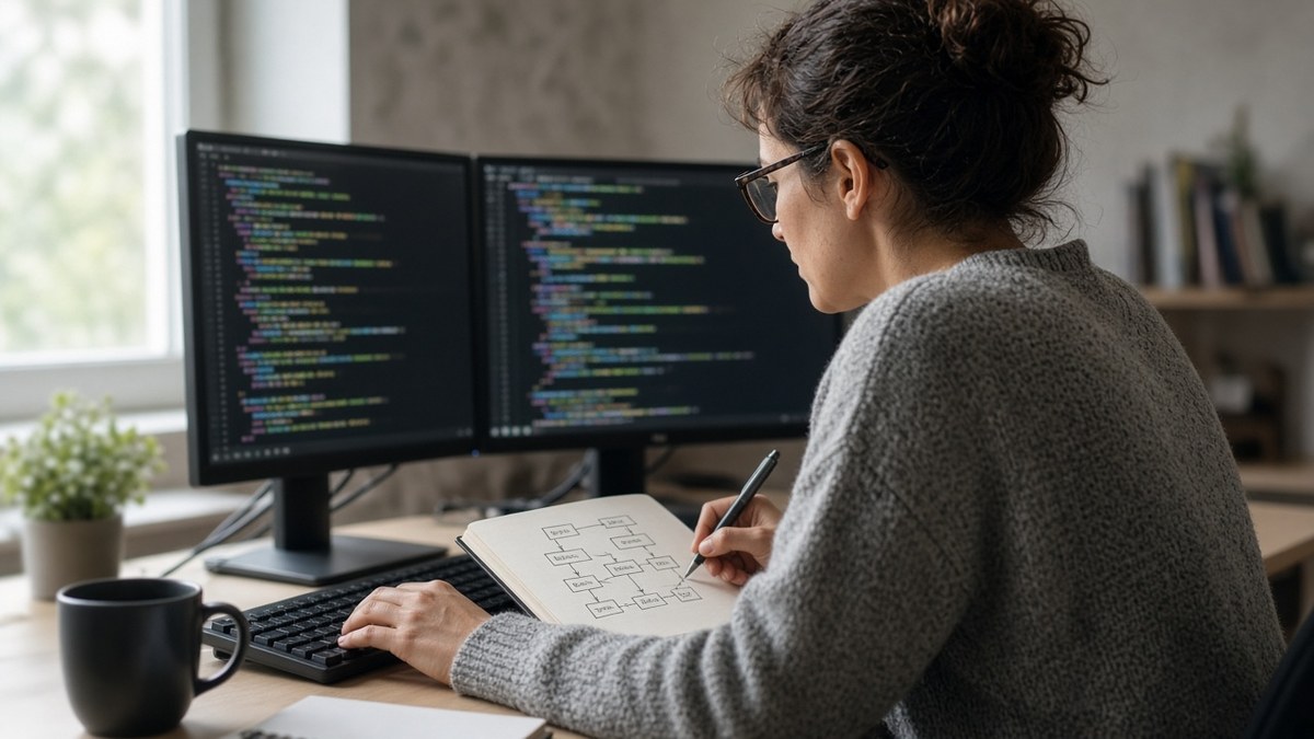 Bir güvenlik araştırmacısının ofiste iki ekran başında tarayıcı eklentisinin kaynak kodunu incelediği an, Fearless Wallet soruşturması için temsili görsel
