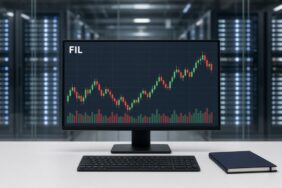 Depolama raflarına bakan camlı bir kontrol odasındaki monitörde FIL mum grafiği ve hacim çubukları, Filecoin için temsili görsel