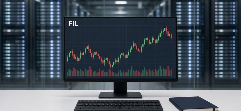Depolama raflarına bakan camlı bir kontrol odasındaki monitörde FIL mum grafiği ve hacim çubukları, Filecoin için temsili görsel
