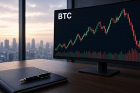 Şafakta yüksek kattaki fon yönetimi ofisinde kavisli monitörde BTC mum grafiği ve hacim çubukları, Franklin Templeton bitcoin ETF haberi için temsili görsel