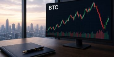 Şafakta yüksek kattaki fon yönetimi ofisinde kavisli monitörde BTC mum grafiği ve hacim çubukları, Franklin Templeton bitcoin ETF haberi için temsili görsel