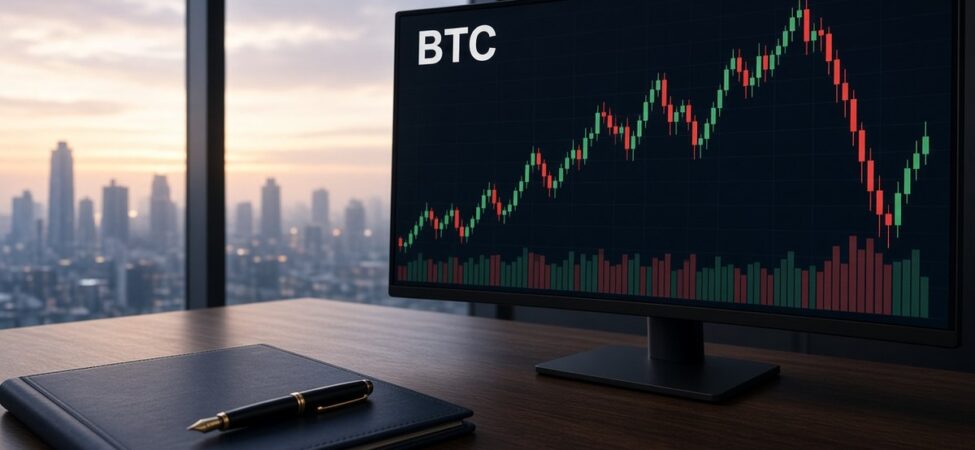 Franklin Templeton Temettüyü Bitcoin’e Çeviren 2 ETF Açtı 7 Şafakta yüksek kattaki fon yönetimi ofisinde kavisli monitörde BTC mum grafiği ve hacim çubukları, Franklin Templeton bitcoin ETF haberi için temsili görsel