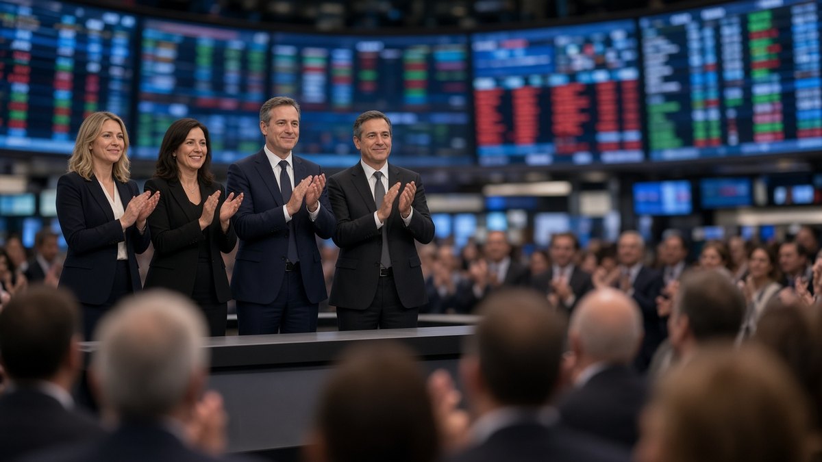 Borsa salonunda kürsüde yeni fonların işlem başlangıcını izleyen yöneticiler, Franklin Templeton Bitcoin DRIP ETF lansmanı için temsili görsel