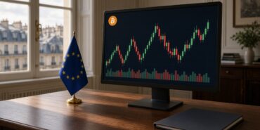 Paris çatılarına bakan bir kurum ofisinde, masasında AB bayrağı duran monitörde yeşil ve kırmızı mum grafiği ile hacim çubukları ve Bitcoin logosu, MiCA revizyonu için temsili görsel