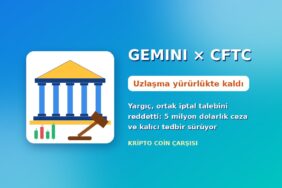 Gemini ve CFTC kapak görseli: mahkeme binası, tokmak ve “Uzlaşma yürürlükte kaldı” başlığı