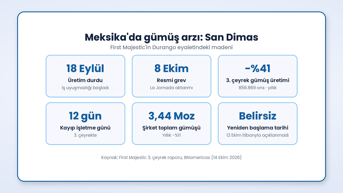 Meksika'da gümüş arzı: San Dimas madeninde 18 Eylül üretim durması, 8 Ekim resmi grev ve üçüncü çeyrekte yüzde 41 üretim düşüşü