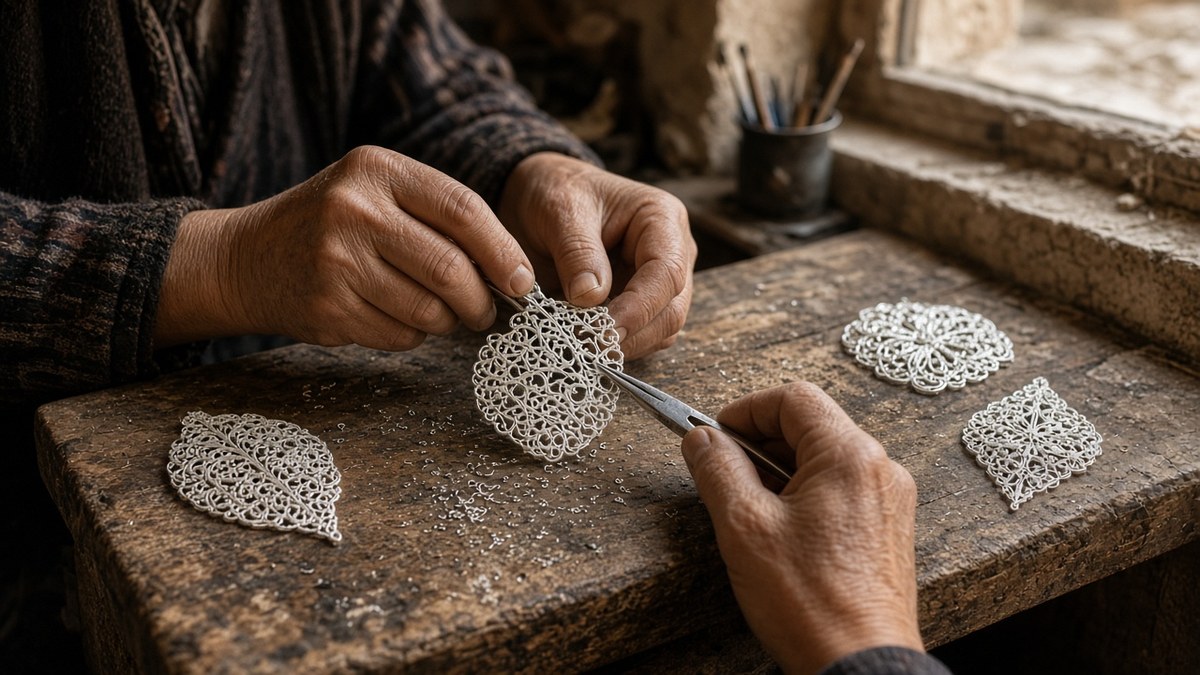 Mardin'de bir telkari ustasının ince gümüş teli işlemesi, temsili görsel