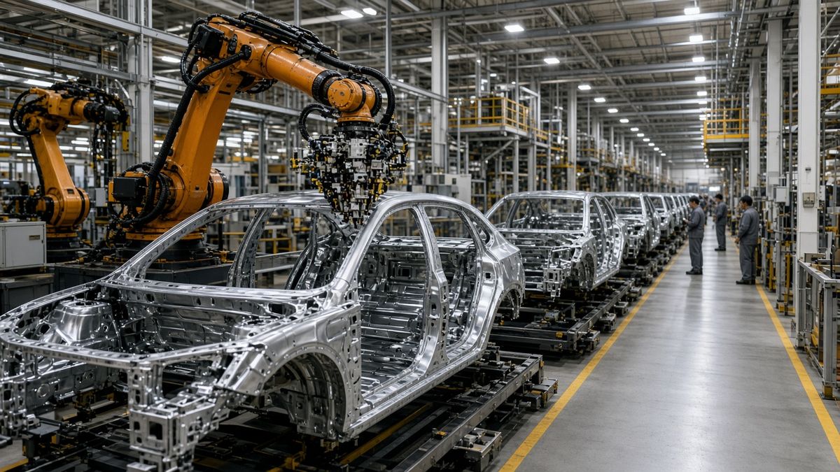 Otomobil montaj hattında çalışan robot kollar, temsili görsel