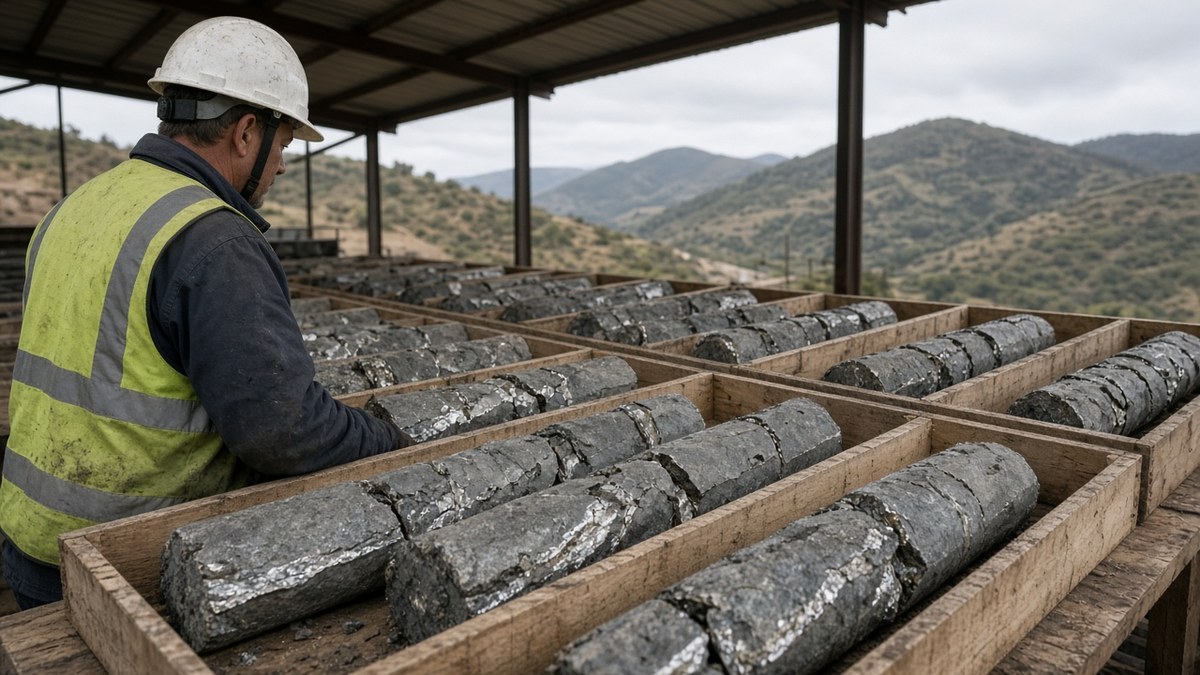 Bir gümüş madeninin karot sahasında sondaj karotlarını inceleyen jeolog, temsili görsel