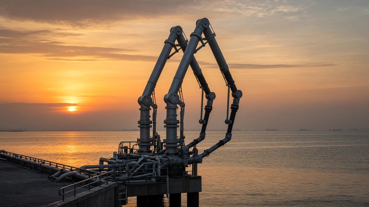 Gümüş Altından Ayrıştı: Petrol Geri Çekilince Toparlandı 1 Gün batımında bir petrol yükleme terminalinde iskeleye bağlı yükleme kolları; gümüş fiyatını etkileyen enerji piyasası için temsili görsel