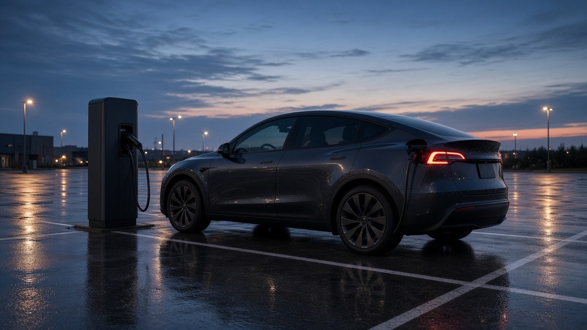 Akşam saatinde açık otoparkta şarj istasyonuna bağlı bir elektrikli otomobil; elektrikli araçlarda gümüş kullanımı, temsili görsel