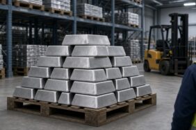 Değerli metal deposunda ahşap palet üzerine dizilmiş büyük gümüş külçeler ve arka planda forklift, gümüş piyasası için temsili görsel