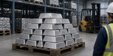 Değerli metal deposunda ahşap palet üzerine dizilmiş büyük gümüş külçeler ve arka planda forklift, gümüş piyasası için temsili görsel