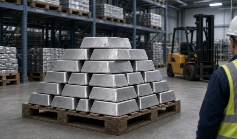 Değerli metal deposunda ahşap palet üzerine dizilmiş büyük gümüş külçeler ve arka planda forklift, gümüş piyasası için temsili görsel