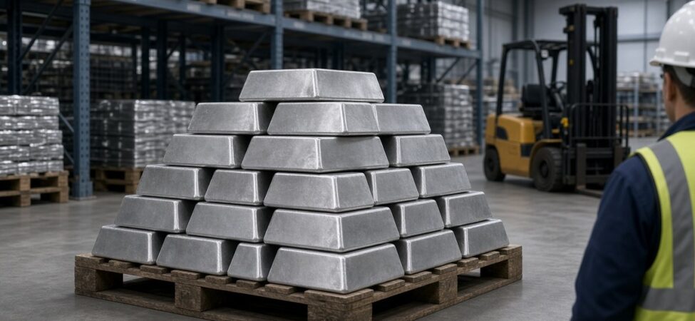 Değerli metal deposunda ahşap palet üzerine dizilmiş büyük gümüş külçeler ve arka planda forklift, gümüş piyasası için temsili görsel
