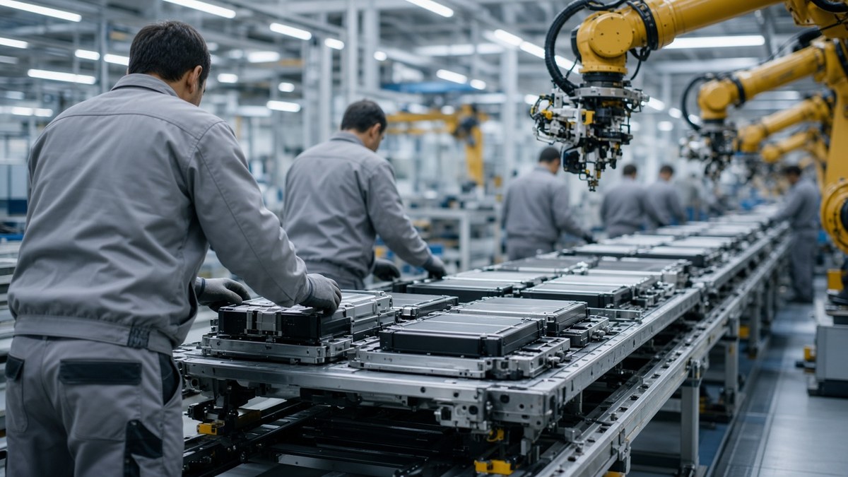 Gümüş Fed Sonrası 53 Dolara Geriledi, Hindistan'da İthalat Yeni Kanala Kaydı 1 Bir elektrikli otomobil fabrikasında batarya modüllerini monte eden işçiler; gümüşün sanayi talebi, temsili görsel