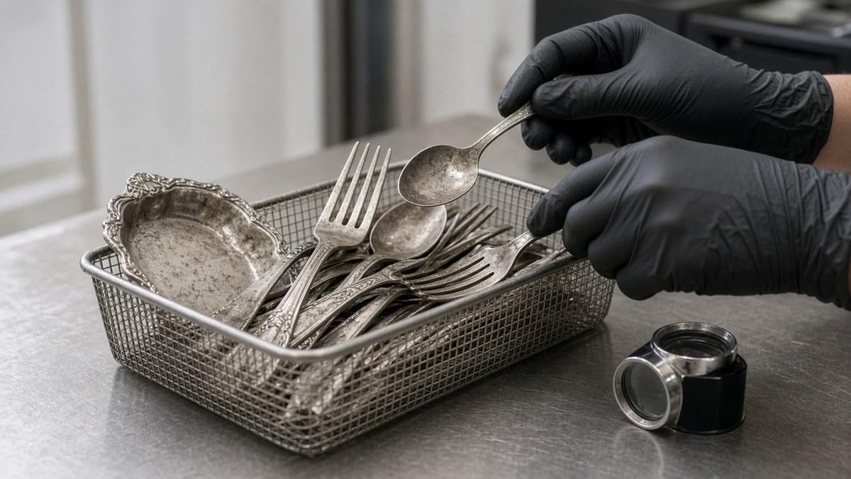Gümüş Fed Sonrası 53 Dolara Geriledi, Hindistan'da İthalat Yeni Kanala Kaydı 3 Bir değerli metal alım noktasında tezgâh üzerinde eski gümüş çatal ve kaşıkları ayıran eldivenli eller; gram gümüş ve fiziki piyasa, temsili görsel