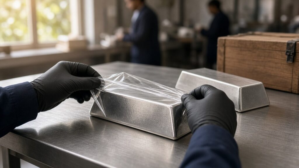 Bir değerli metal ithalat ofisinde çelik masa üzerinde koruyucu ambalajından çıkarılan büyük gümüş külçe ve eldivenli eller; Hindistan gümüş ithalatı, temsili görsel