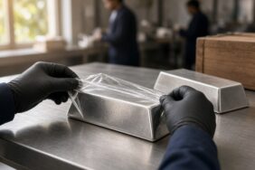 Gümüş Fed Sonrası 53 Dolara Geriledi, Hindistan'da İthalat Yeni Kanala Kaydı 7 Bir değerli metal ithalat ofisinde çelik masa üzerinde koruyucu ambalajından çıkarılan büyük gümüş külçe ve eldivenli eller; Hindistan gümüş ithalatı, temsili görsel