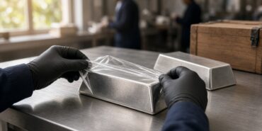 Bir değerli metal ithalat ofisinde çelik masa üzerinde koruyucu ambalajından çıkarılan büyük gümüş külçe ve eldivenli eller; Hindistan gümüş ithalatı, temsili görsel