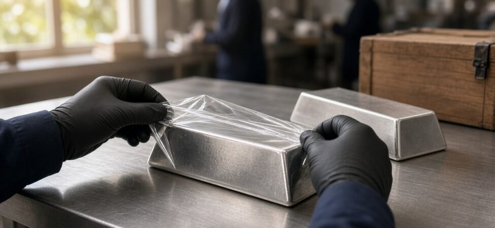 Gümüş Fed Sonrası 53 Dolara Geriledi, Hindistan'da İthalat Yeni Kanala Kaydı 6 Bir değerli metal ithalat ofisinde çelik masa üzerinde koruyucu ambalajından çıkarılan büyük gümüş külçe ve eldivenli eller; Hindistan gümüş ithalatı, temsili görsel