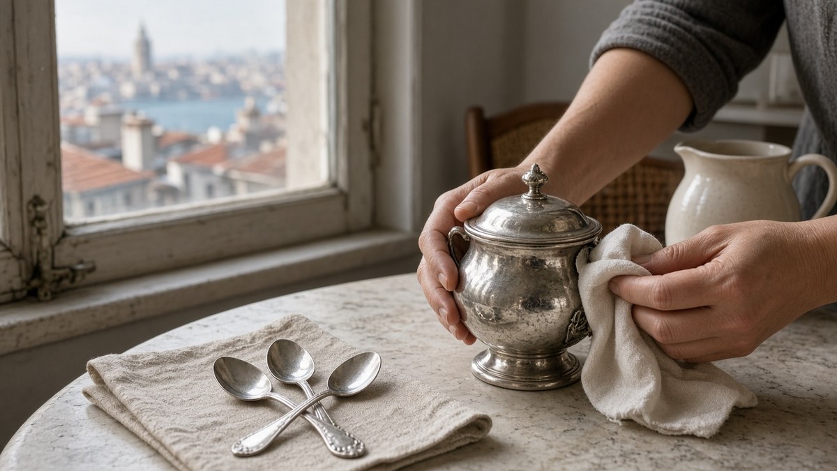 Gümüş 50 Doların Altına Düştü: 11 Ayın Dibi, Fiziki Talep Zayıf 3 Sabah ışığında evde gümüş bir şekerliği bezle parlatan eller; gram gümüş fiyatı ve iç piyasa, temsili görsel