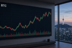 Güney Kore’de Kripto Vergisi Dördüncü Kez Ertelenebilir 46 Seul silüetine bakan bir ofiste duvar ekranında BTC mum grafiği ve hacim çubukları, Güney Kore kripto vergisi haberi için temsili görsel