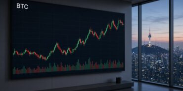 Seul silüetine bakan bir ofiste duvar ekranında BTC mum grafiği ve hacim çubukları, Güney Kore kripto vergisi haberi için temsili görsel