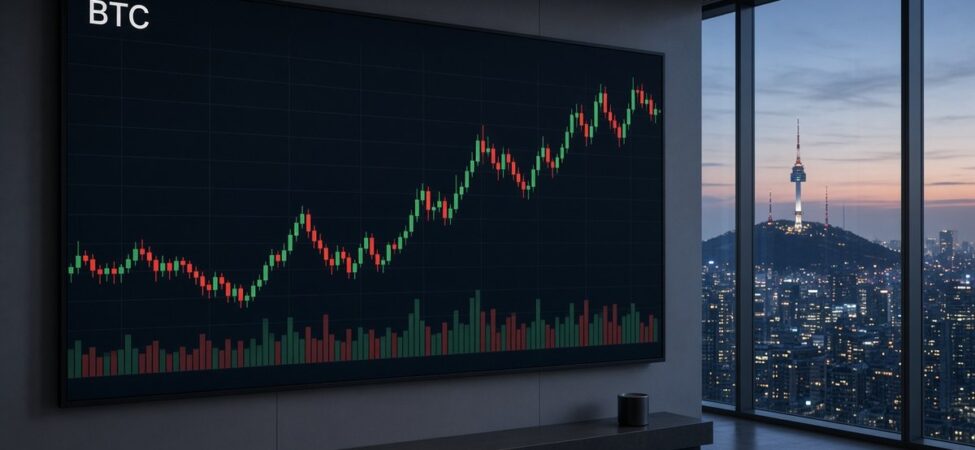 Güney Kore’de Kripto Vergisi Dördüncü Kez Ertelenebilir 8 Seul silüetine bakan bir ofiste duvar ekranında BTC mum grafiği ve hacim çubukları, Güney Kore kripto vergisi haberi için temsili görsel