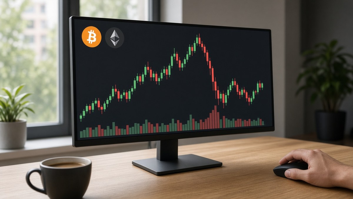Gün ışığı alan masada tek monitörde yükseliş ve düşüş içeren kripto para grafiği, günün öne çıkan altcoinleri için temsili görsel