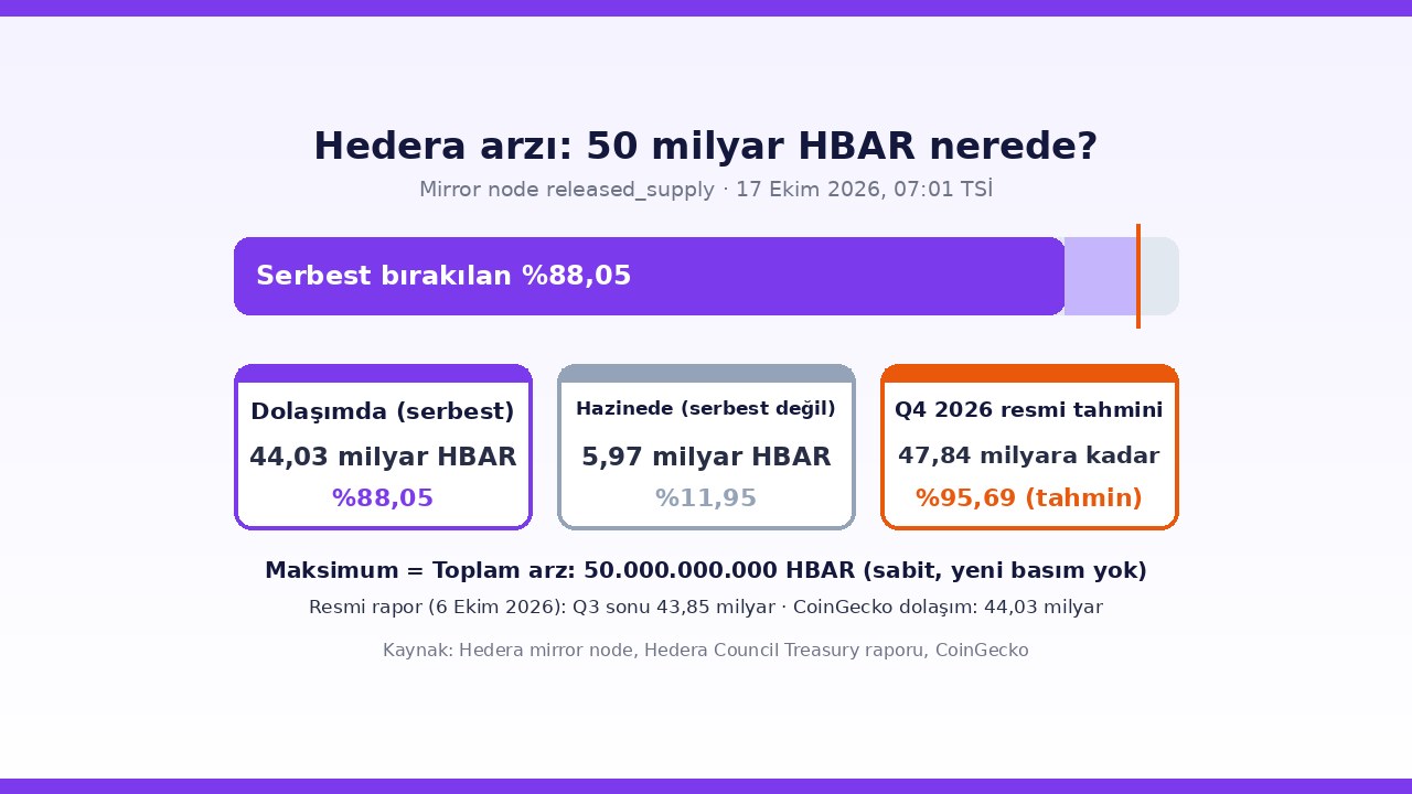 Hedera HBAR arzı: dolaşımdaki 44,03 milyar ve hazinedeki 5,97 milyar HBAR