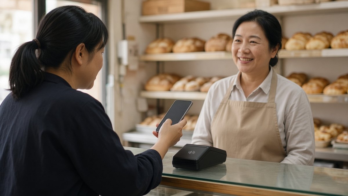 HSBC RedCoin Yayında: PayMe’de HKD Stablecoin Dönemi Başladı 1 Hong Kong’da küçük bir dükkânın tezgâhında telefonla temassız ödeme yapan müşteri, HSBC RedCoin ile mağaza ödemeleri için temsili görsel