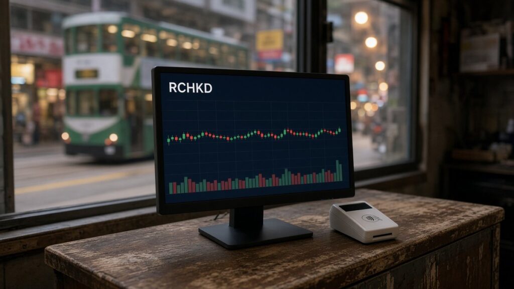 Hong Kong’da bir dükkân tezgâhındaki monitörde RCHKD mum grafiği ve hacim çubukları, HSBC RedCoin için temsili görsel