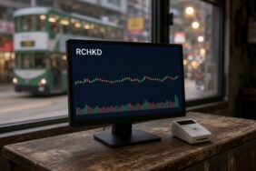 HSBC RedCoin Yayında: PayMe’de HKD Stablecoin Dönemi Başladı 33 Hong Kong’da bir dükkân tezgâhındaki monitörde RCHKD mum grafiği ve hacim çubukları, HSBC RedCoin için temsili görsel