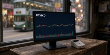 HSBC RedCoin Yayında: PayMe’de HKD Stablecoin Dönemi Başladı 7 Hong Kong’da bir dükkân tezgâhındaki monitörde RCHKD mum grafiği ve hacim çubukları, HSBC RedCoin için temsili görsel