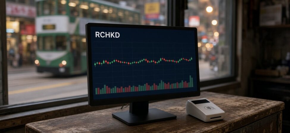 HSBC RedCoin Yayında: PayMe’de HKD Stablecoin Dönemi Başladı 13 Hong Kong’da bir dükkân tezgâhındaki monitörde RCHKD mum grafiği ve hacim çubukları, HSBC RedCoin için temsili görsel