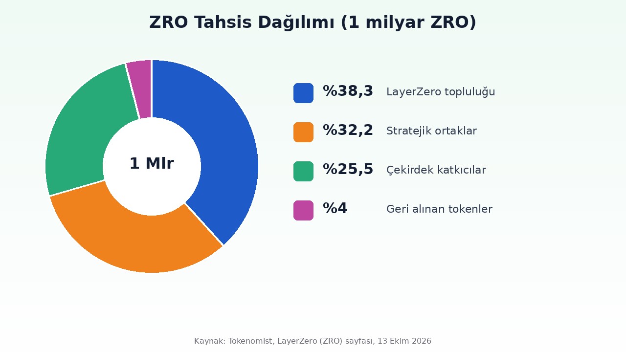 ZRO token tahsis dağılımı: LayerZero topluluğu yüzde 38,3, stratejik ortaklar yüzde 32,2, çekirdek katkıcılar yüzde 25,5, geri alınan yüzde 4