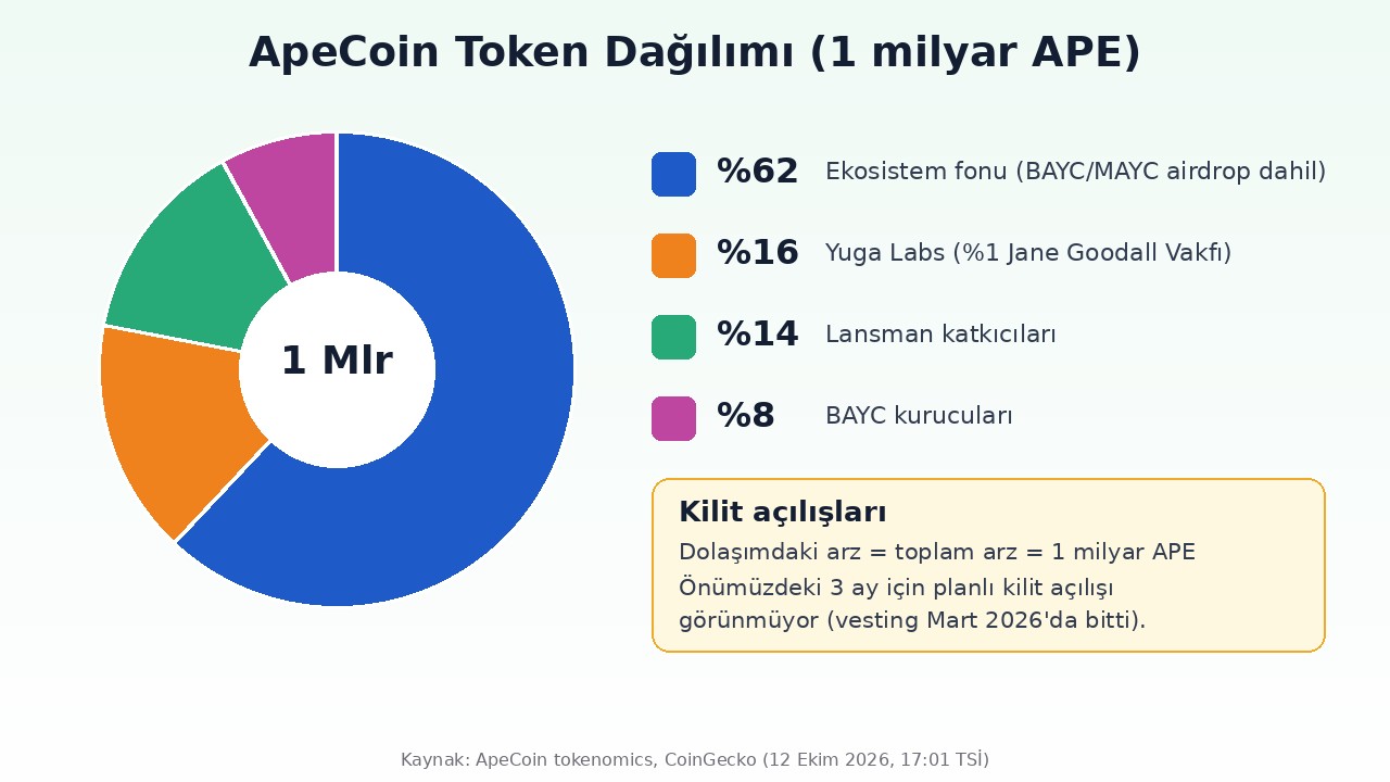 ApeCoin token dağılımı infografiği: 1 milyar APE arzın paylaşımı