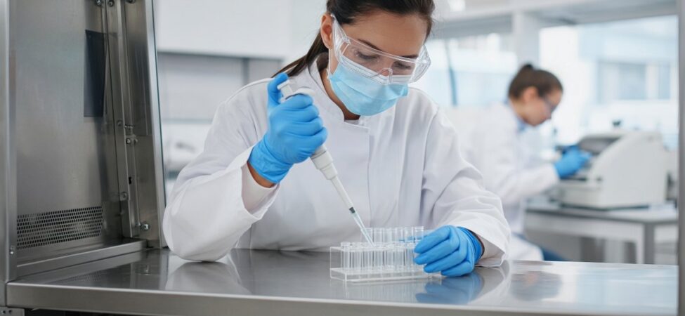 İngiltere Yapay Zeka Paketi: Biyogüvenlik ve Siber Savunma 9 İngiltere’de bir biyogüvenlik laboratuvarında maske, gözlük ve eldiven takan araştırmacının güvenlik kabini içinde pipetle numune tüplerine sıvı aktardığı an, İngiltere yapay zeka paketindeki AI Biosecurity Lab için temsili görsel