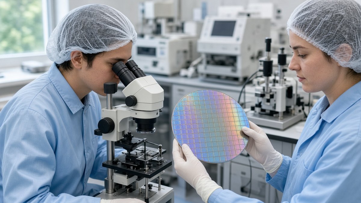 Bir üniversitenin çip laboratuvarında bir mühendis mikroskopla çalışırken diğerinin elindeki silikon levhayı incelediği an, İngiltere’nin çip tasarımı yatırımları için temsili görsel