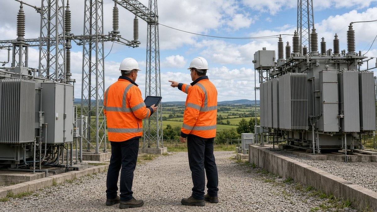 Bir elektrik trafo merkezinde baretli iki mühendisin gün ışığında tablet üzerinden ekipman kontrolü yaptığı an, NERV Merkezi ve kritik altyapının siber güvenliği için temsili görsel